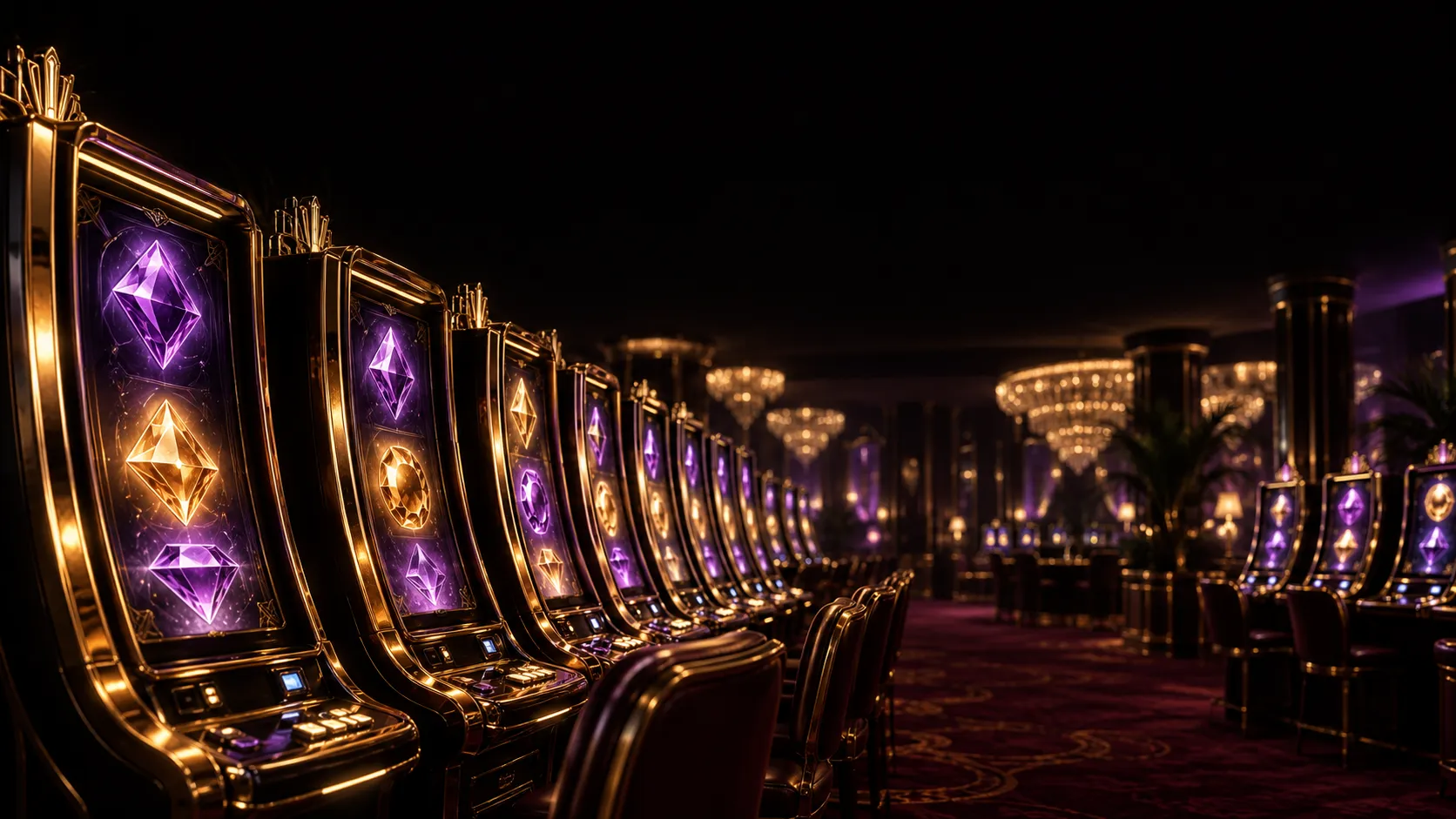Row of glowing slot cabinets in soft bokeh at Here2Win Casino