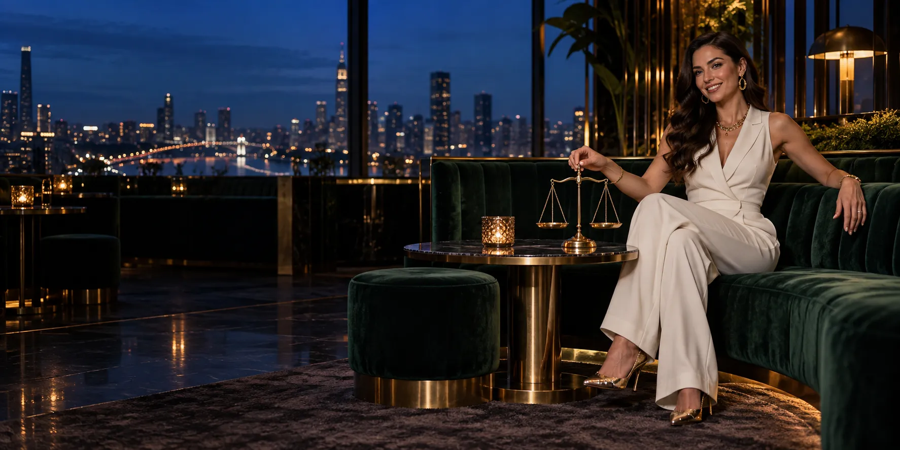 Woman balancing brass scales in a nightclub VIP booth, standing in for this guide's own terms and balance