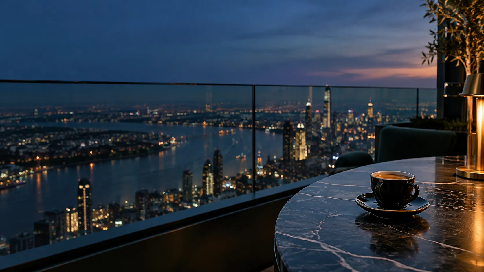 Espresso cup on a marble table at a sky bar overlooking city lights at blue hour
