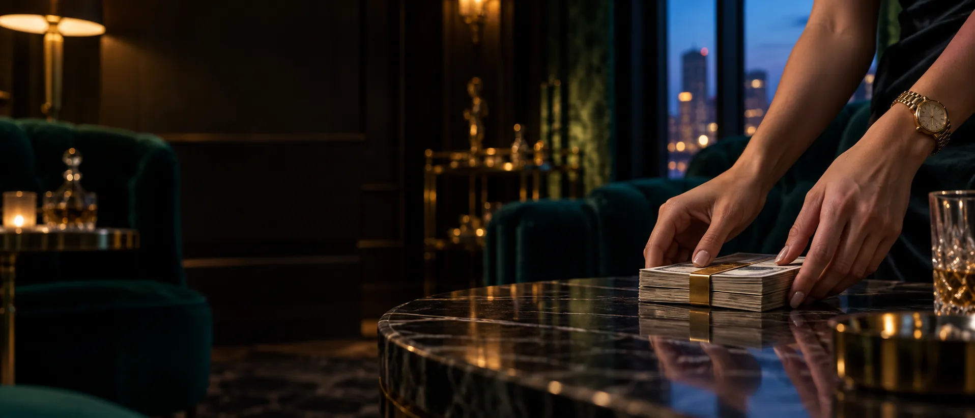 Hands placing a clipped stack of banknotes on a marble table in a speakeasy casino