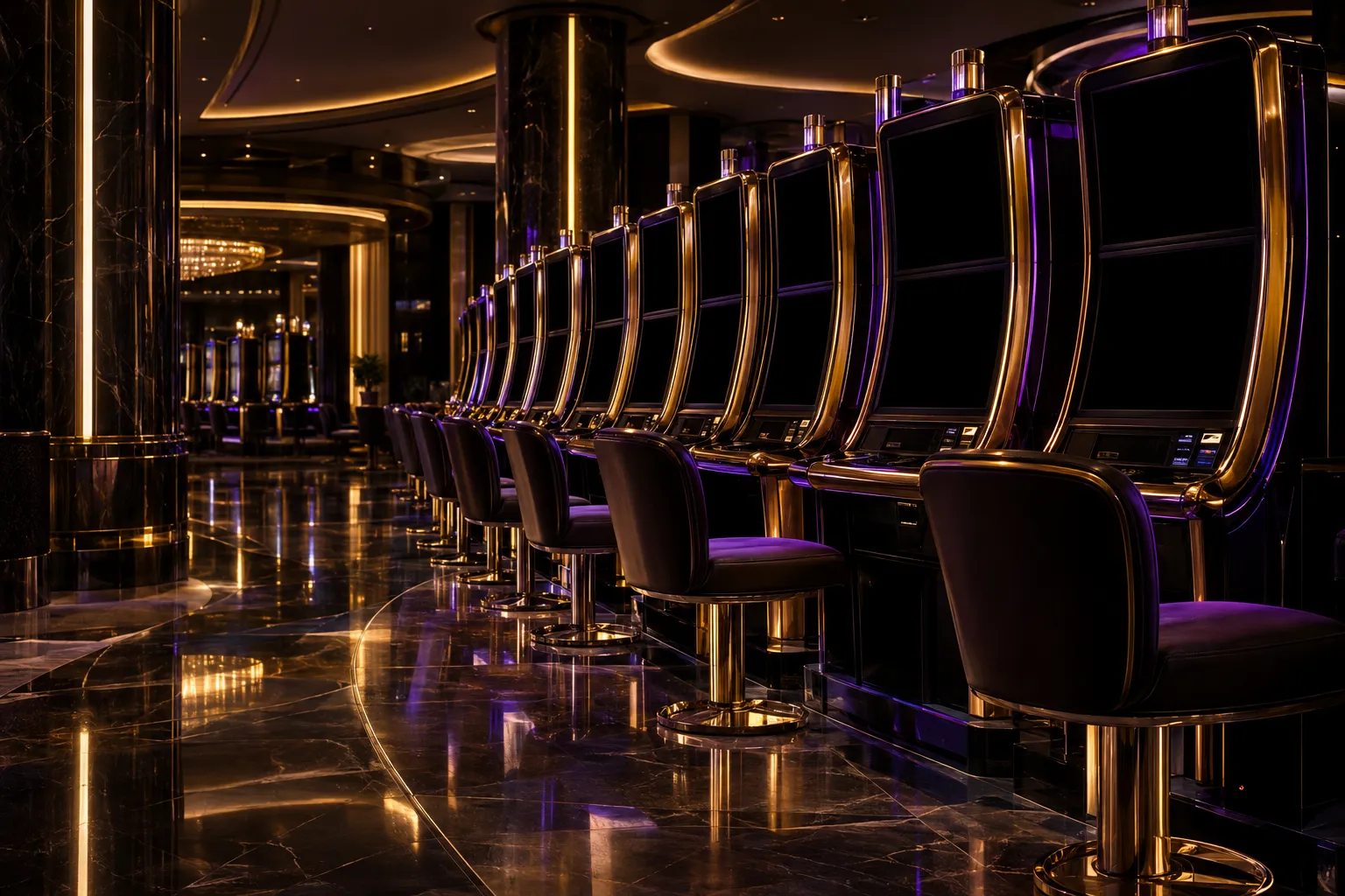 Illuminated slot machine cabinets on the Here2Win Casino floor