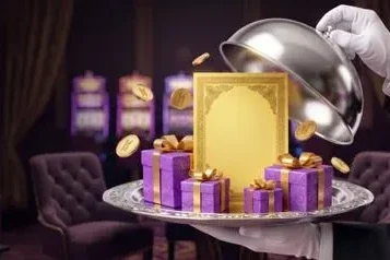 A server presenting a bonus tray in a Here2Win Casino lounge scene