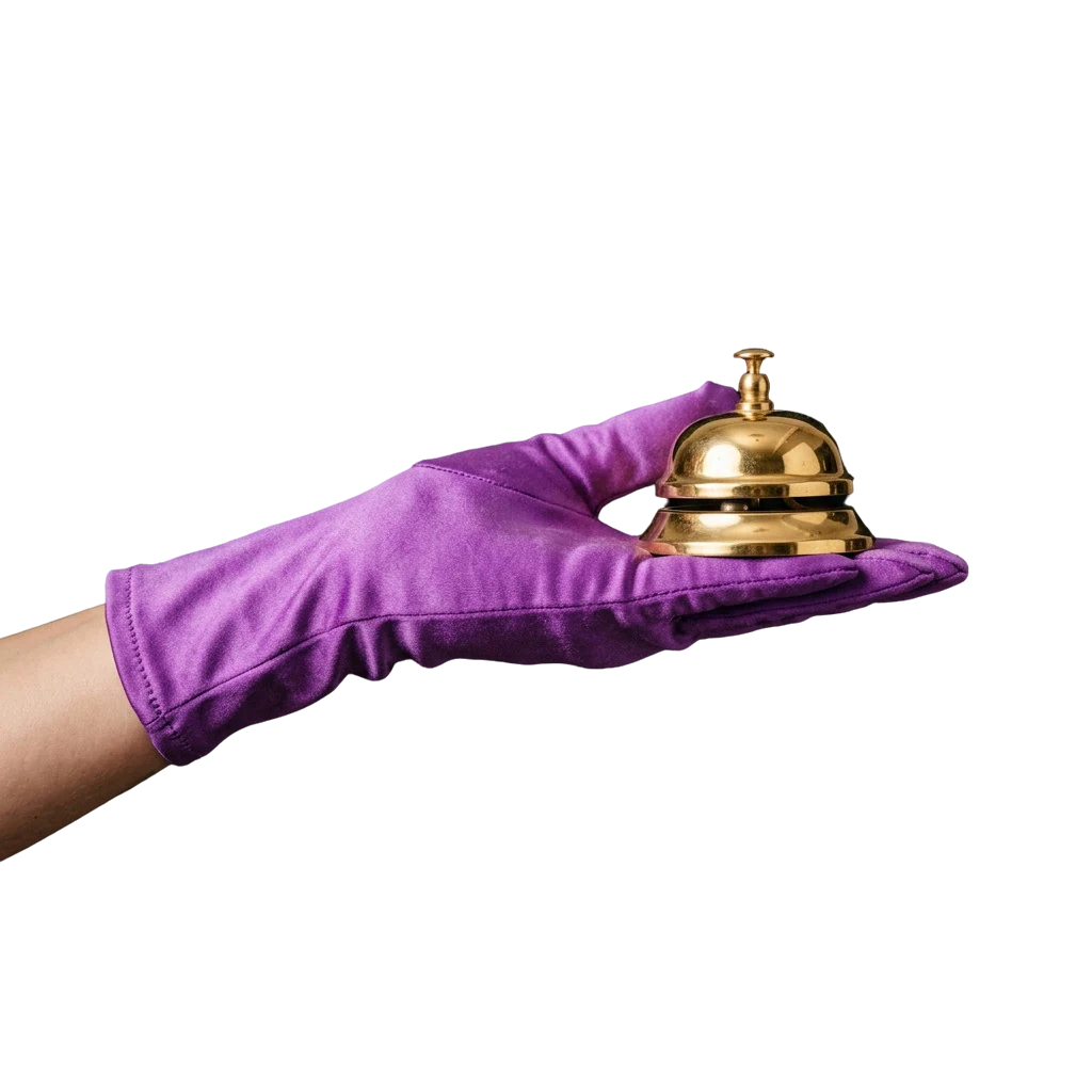 Gloved hand holding a gold service bell, standing in for a phone line that doesn't exist