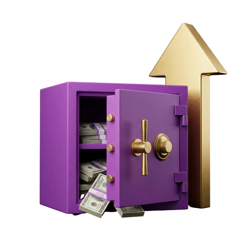 Purple safe with its door open and cash spilling out