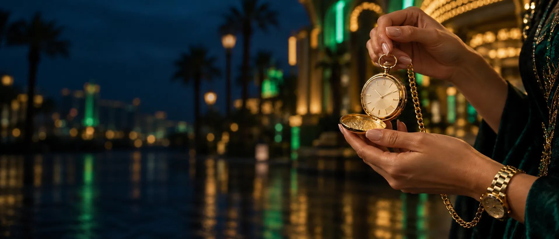 Hands holding an open gold pocket watch on a neon casino boulevard, representing quick casino answers