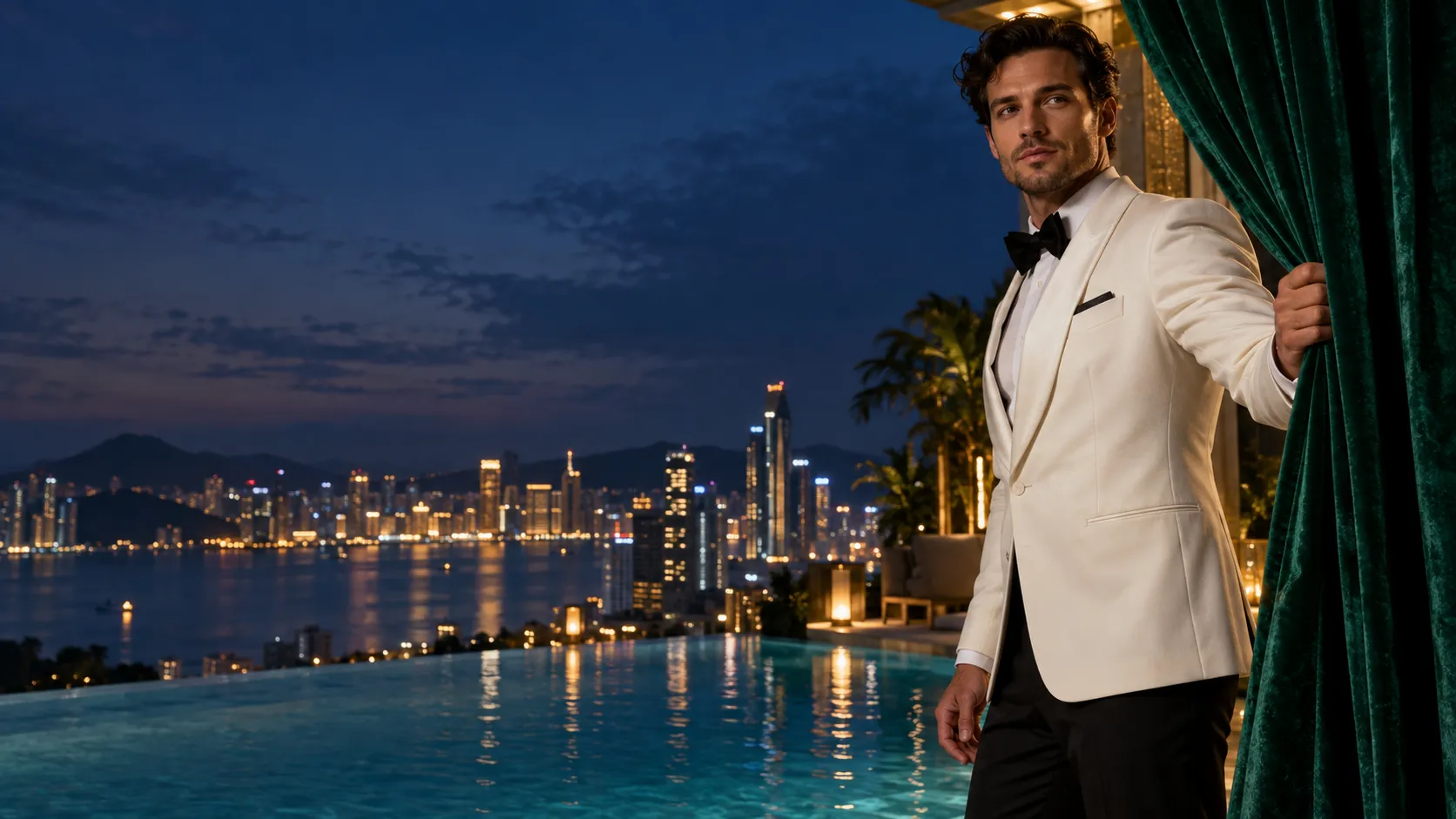 Man drawing back a velvet curtain beside a rooftop infinity pool at blue hour