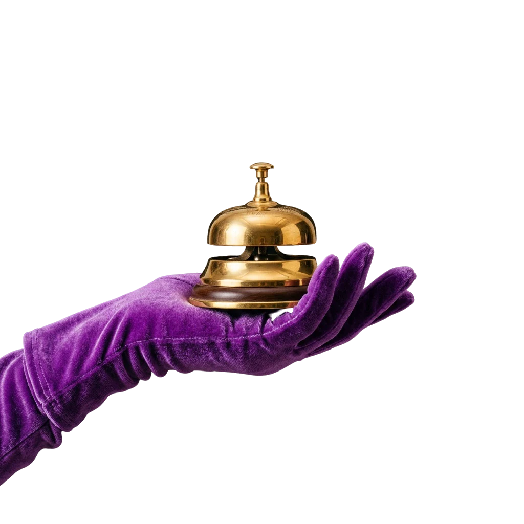 Gloved hand ringing a gold service bell, the kind of call for attention live chat replaces