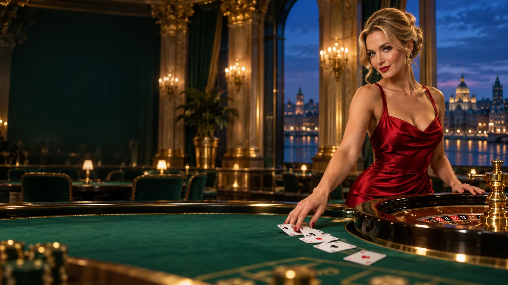 Woman spreading playing cards beside a roulette table in a gilded hall at blue hour