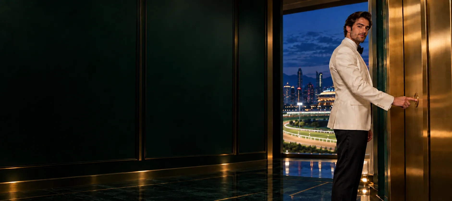 Man calling a private elevator in a racecourse VIP box at blue hour, framing access to Here2Win Casino's ongoing rewards