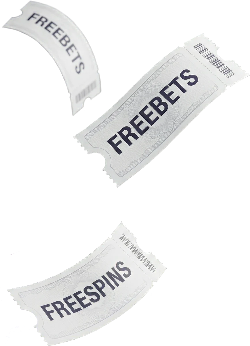 Free bet and free spins tickets fanned out, representing the Here2Win Casino bonus with no code to redeem