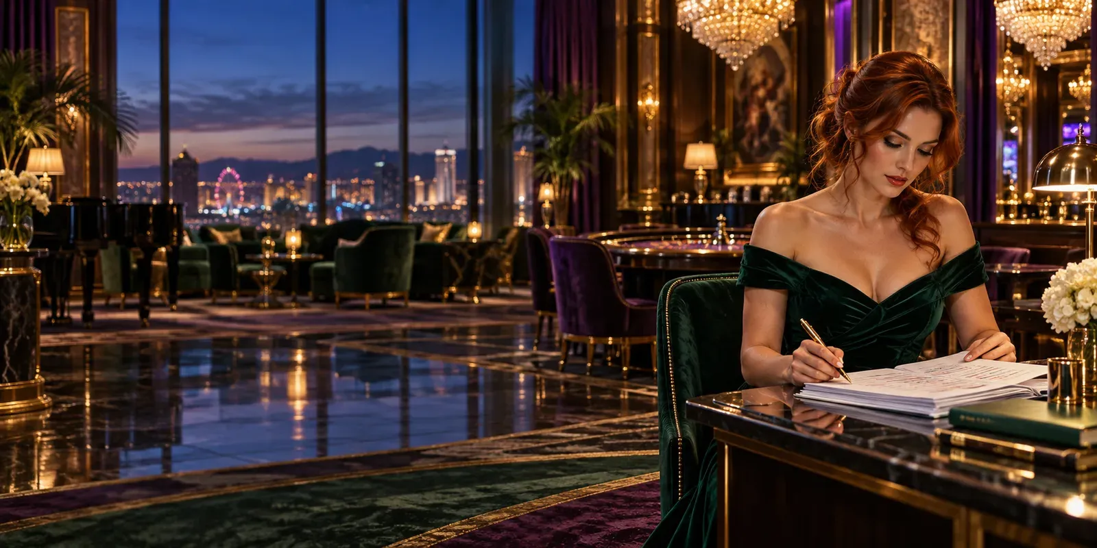 Woman reviewing edited guide pages with a gold fountain pen in a high-roller salon