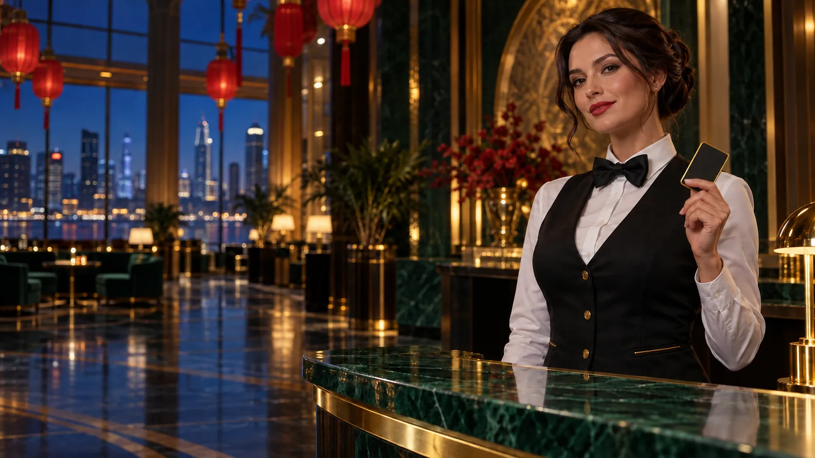 Croupier holding a gold-edged key card in a grand casino hall with red lanterns