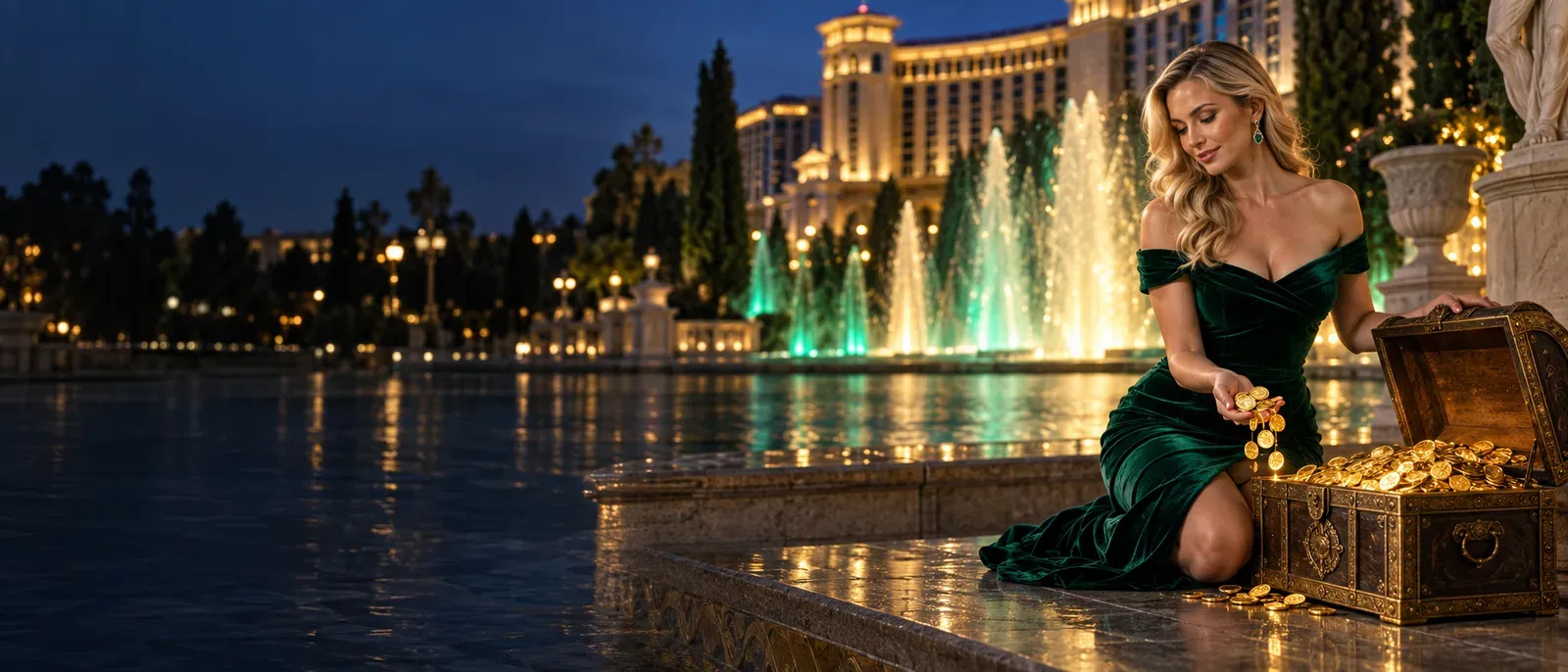 Woman scooping gold coins from a chest beside dancing fountains at blue hour, echoing the Here2Win Casino bonus