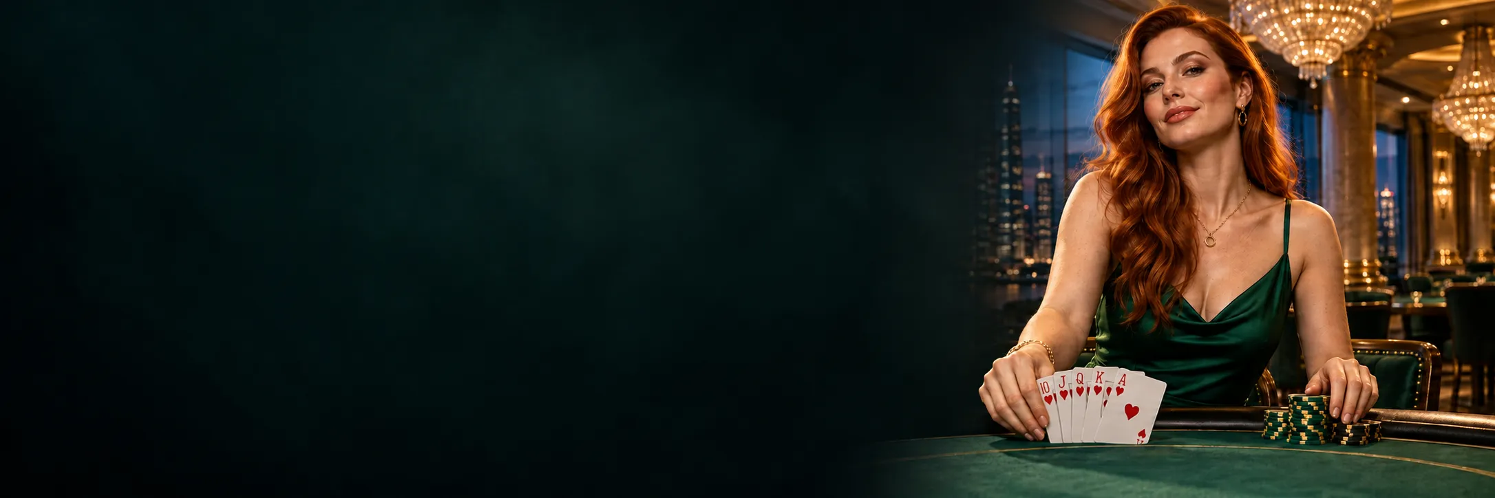 Woman fanning a winning poker hand across a felt table inside a crystal-lit Here2Win Casino atrium at blue hour