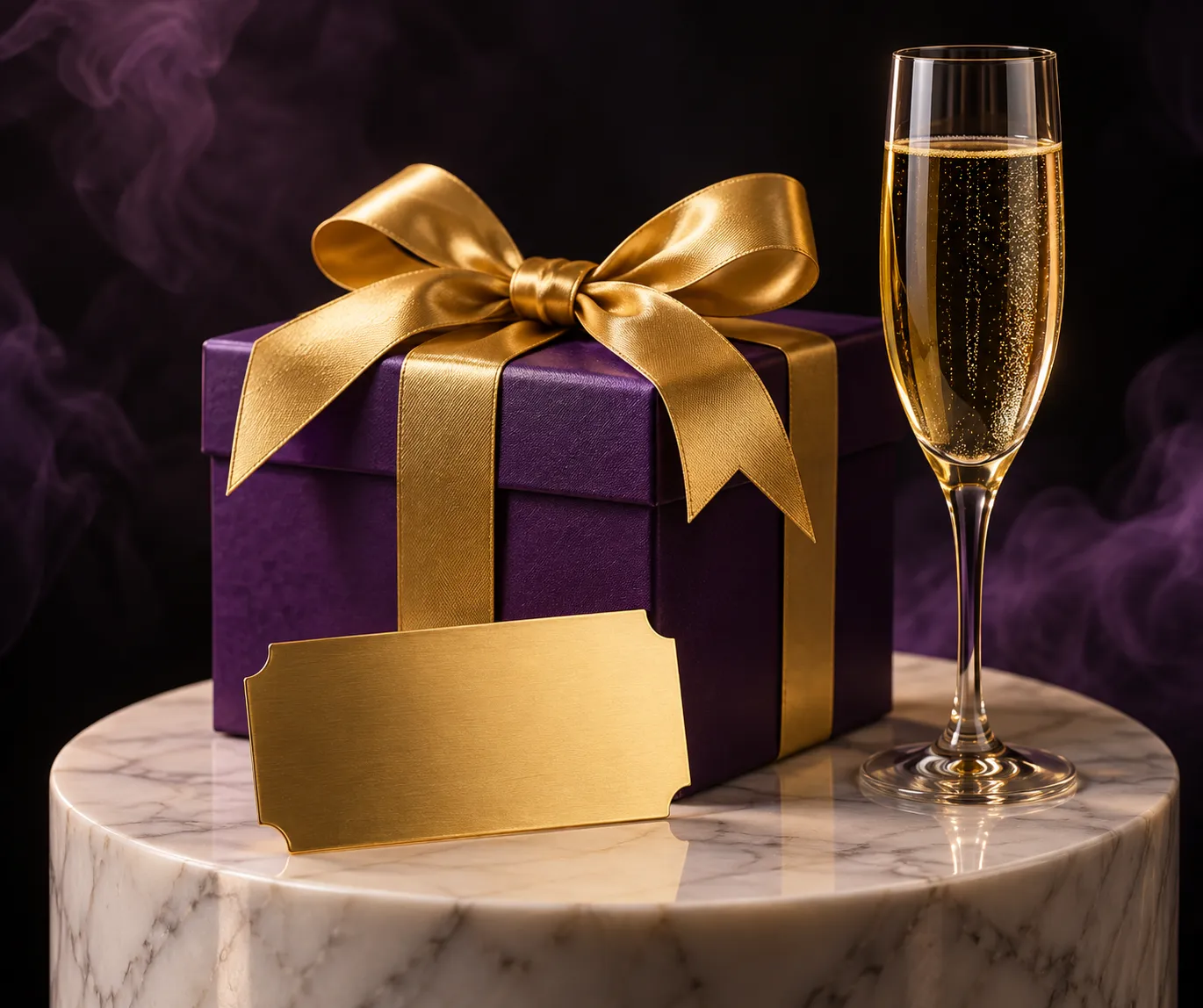 A wrapped gift and a ticket displayed on a pedestal, standing in for the Here2Win Casino welcome package