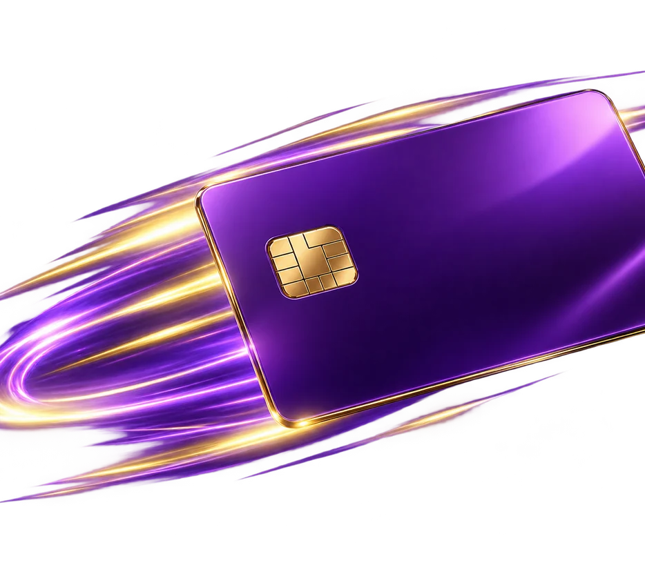 Mastercard logo on a purple card mockup